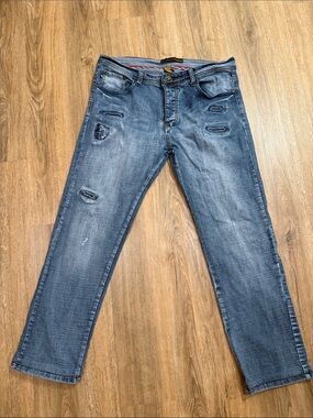 Men's Straight Fit Distressed Denim Jeans - Blue